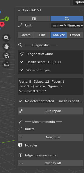 Oryx CAD Analyze tab: Diagnostic health report and Measurements / rulers
