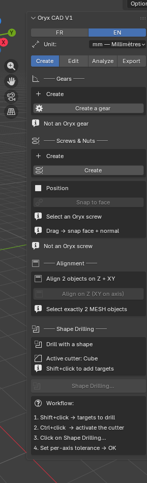 Oryx CAD Create tab: Gears, Screws and Nuts, Position, Alignment, Shape Drilling