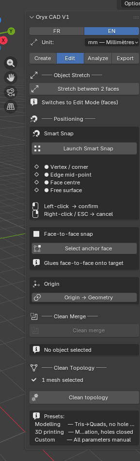 Oryx CAD Edit tab: Object Stretch, Smart Snap, Face-to-face snap, Origin to Geometry, Clean Merge, Clean Topology