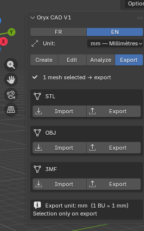Oryx CAD Export tab: STL, OBJ and 3MF import/export blocks with unit note