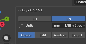 Oryx CAD panel header: language toggle, unit selector and the four tabs